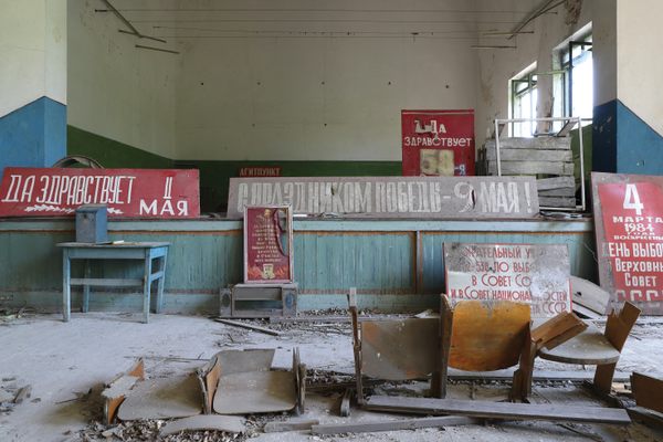 Ubiquitous throughout the USSR, Palaces of Culture, such as this one in Pogonnoe, were used to host theater, concerts, and films. The events usually contained explicit Soviet political messages. 