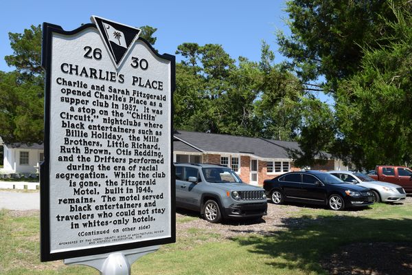 A plaque marking the area where Charlie’s Place, a bustling nightclub that attracted both Blacks and whites during the mid-20th century, once stood.
